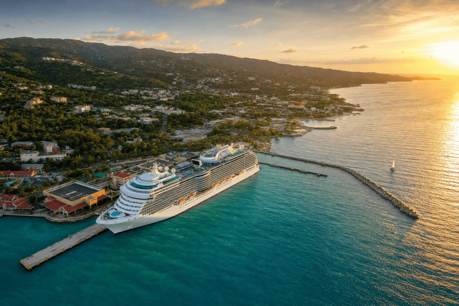 A cruise ship docked at a Jamaican port at golden hour